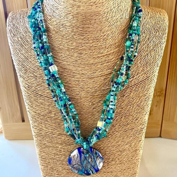 Caribbean Waters 925 Silver Murano Handmade Necklace One of a Kind - Picture 1 of 7